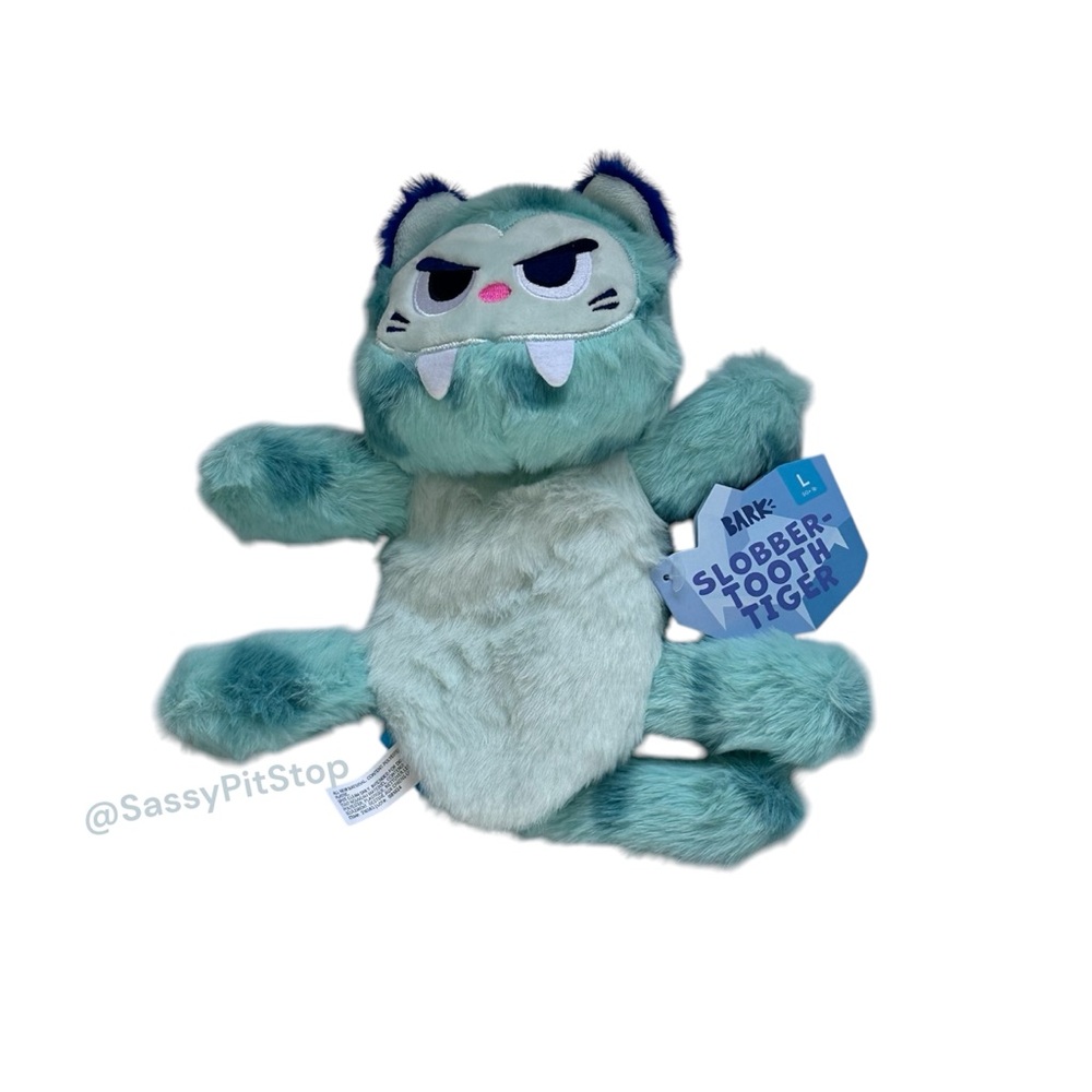 BARK Slobber-Tooth Tiger Plush Dog Toy Crinkle Floppy Squeaker Fun